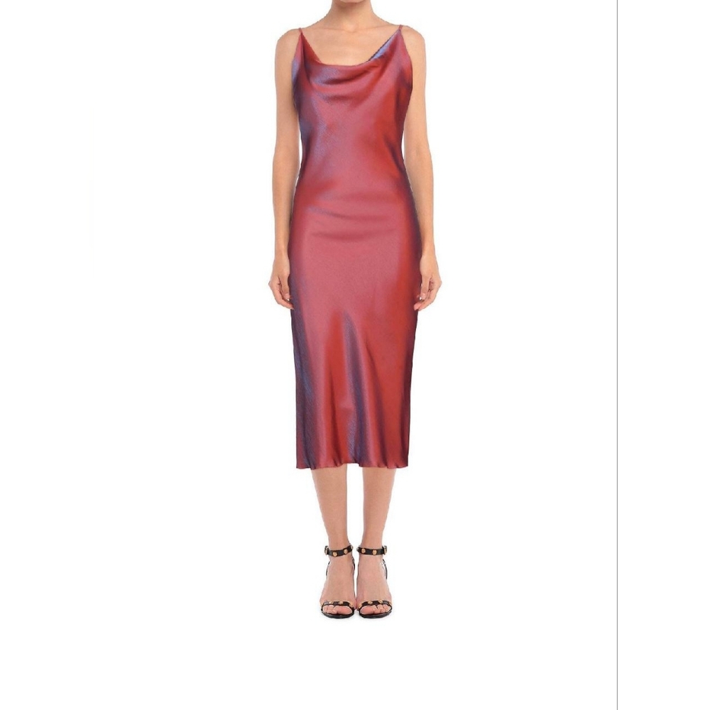 VANESSA SCOTT satin cowl neck wine color dress with gold chain straps in M/L